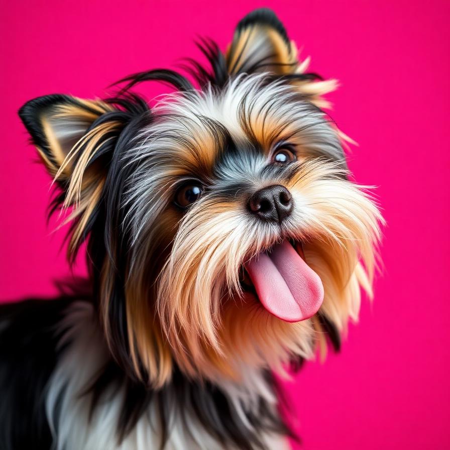 Biewer Yorkshire Terrier tricolor na różowym tle