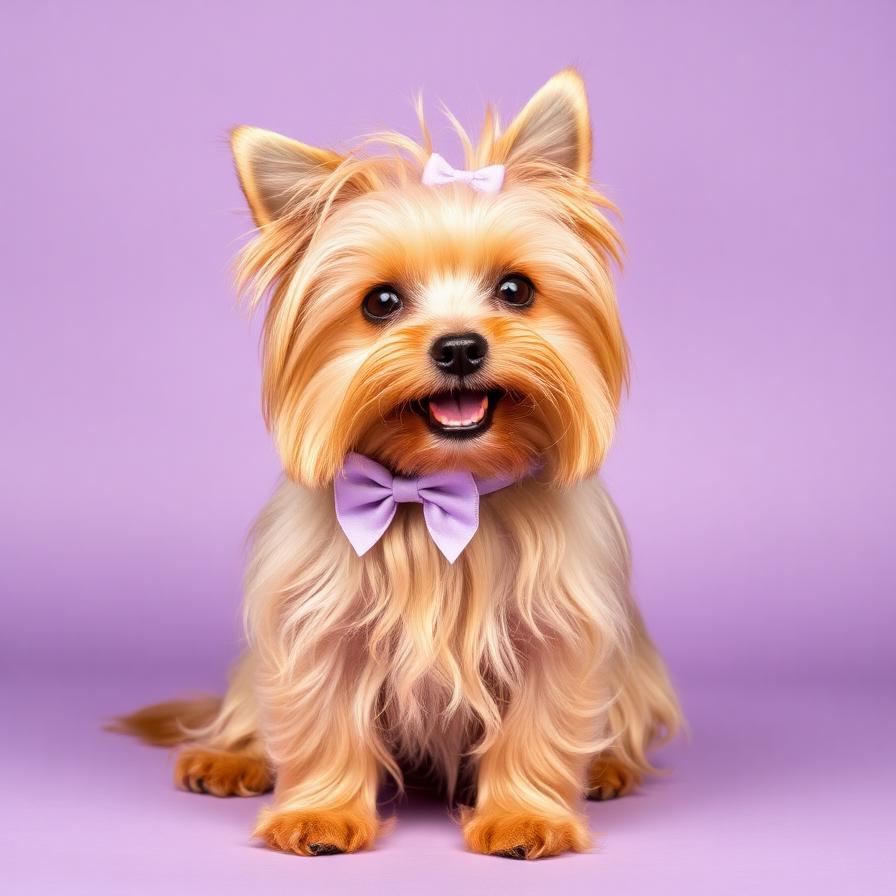 Golddust Yorkshire Terrier z fioletową kokardką